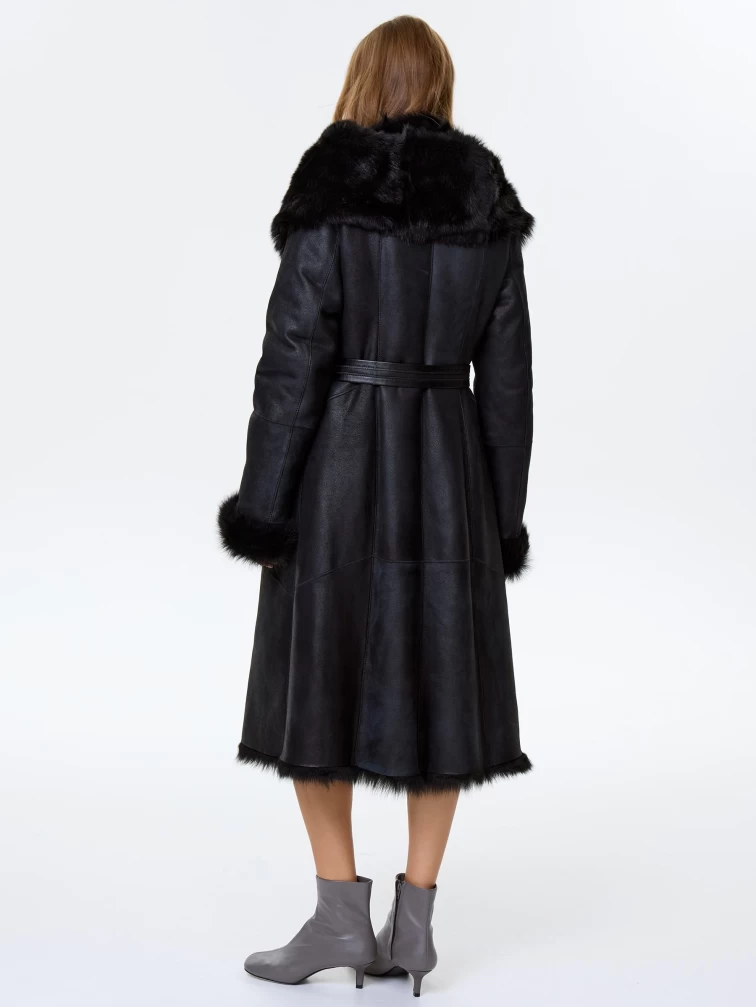 Черная женская дубленка из тосканы с капюшоном 132, размер 48, артикул 64590-7