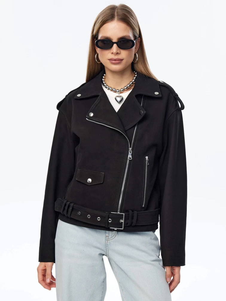 Короткая женская кожаная куртка косуха с поясом премиум класса 3052, черная, размер 48, артикул 23950-0