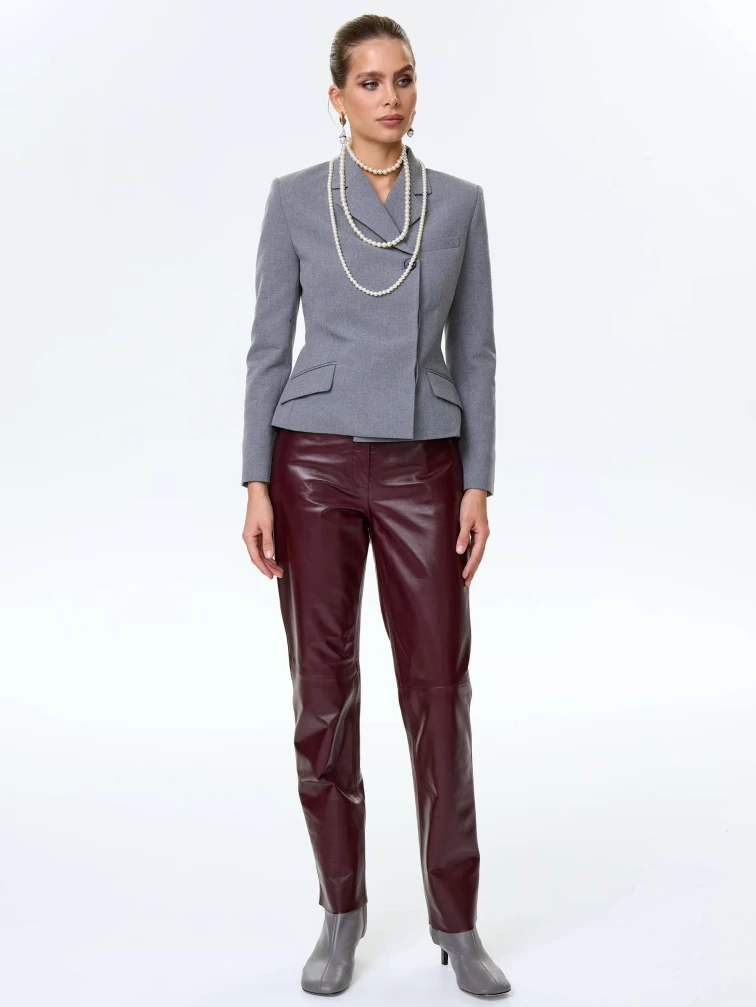 Бордовые зауженные кожаные женские брюки 02, размер 42, артикул 85492-4