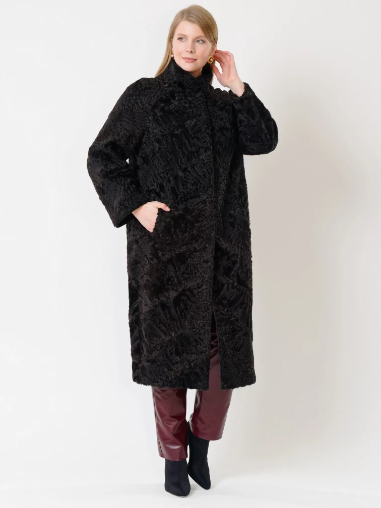 Длинная шуба из меха каракуля женская 17101, коричневая, размер 44, артикул 22700-5