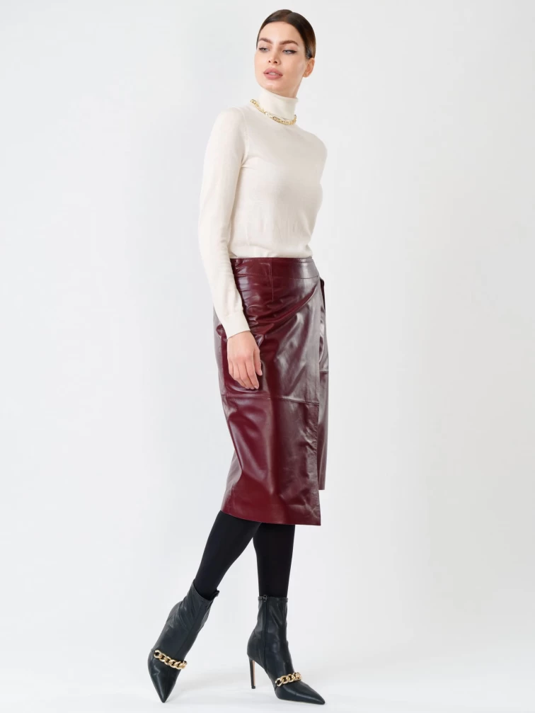 Кожаная юбка миди с запахом 07, бордовая, размер 42, артикул 85351-0
