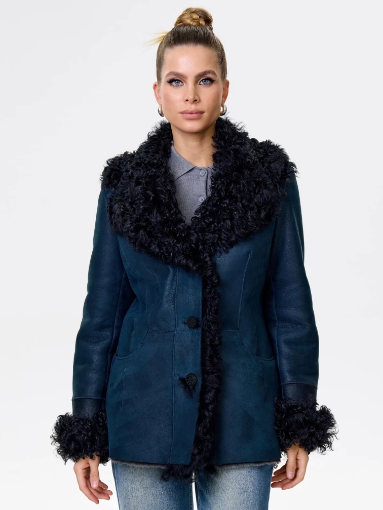 Короткая женская дубленка с овчиной тиградо 289, синяя, размер 42, артикул 61951-4