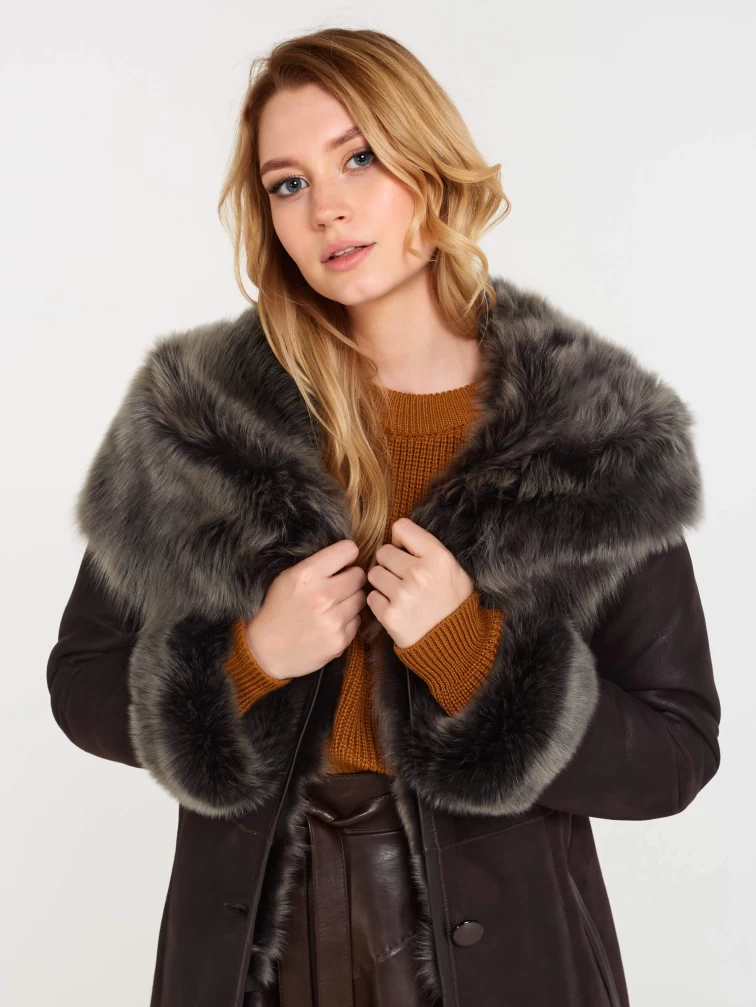 Женская длинная дубленка из тосканы с капюшоном 131, коричневая, размер 44, артикул 61161-3