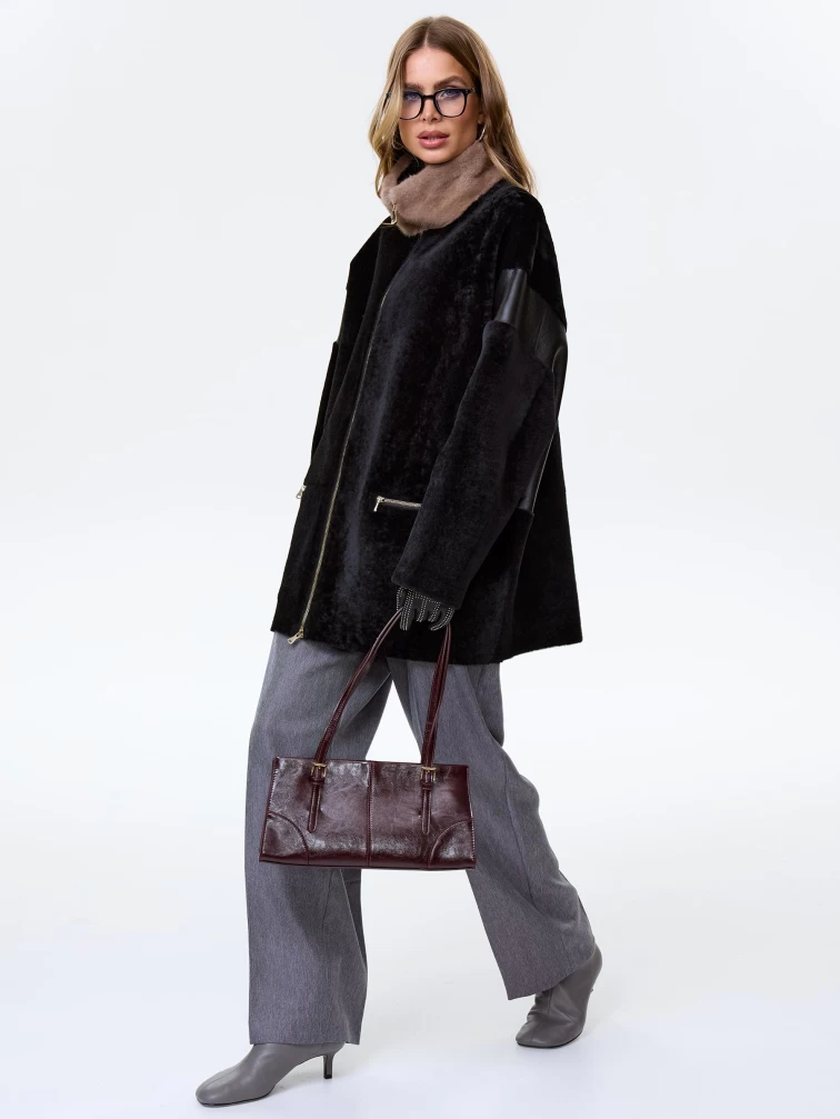 Женское полупальто с норковым воротником из натуральной овчины премиум класса 2057, черное, размер 52, артикул 64330-1