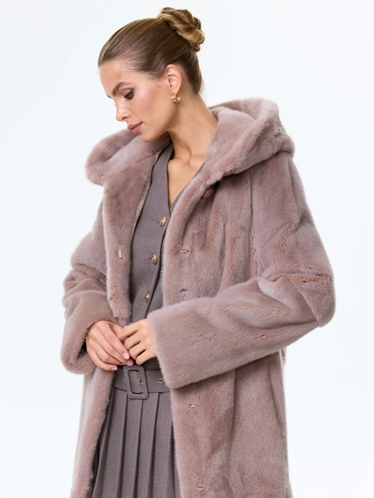 Норковая шуба женская с капюшоном под пояс Лолита(к), пудровая, размер 46, артикул 34170-4