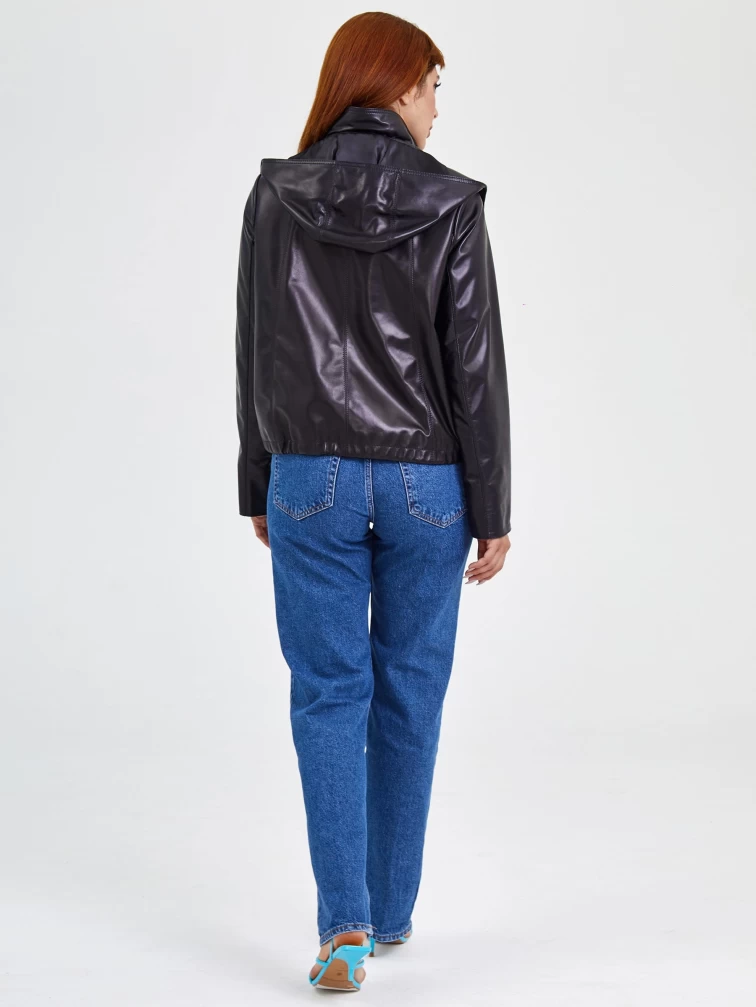 Кожаная женская куртка бомбер с капюшоном 305, черная, размер 46, артикул 91761-4