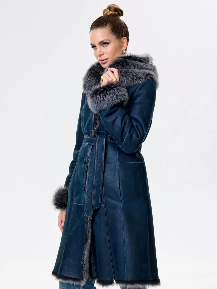 Длинная женская дубленка из тосканы с капюшоном 123нк, синяя, размер 40, артикул 61913-3