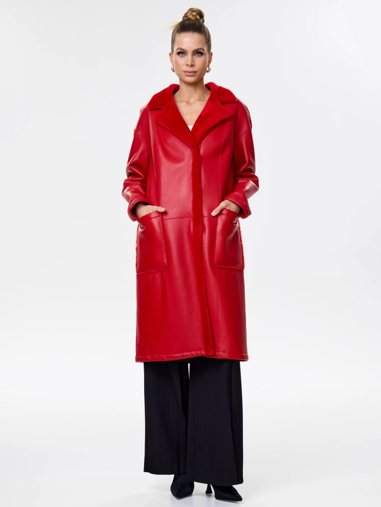 Длинная женская дубленка оверсайз премиум класса 2002, красная, размер 48, артикул 62441-1