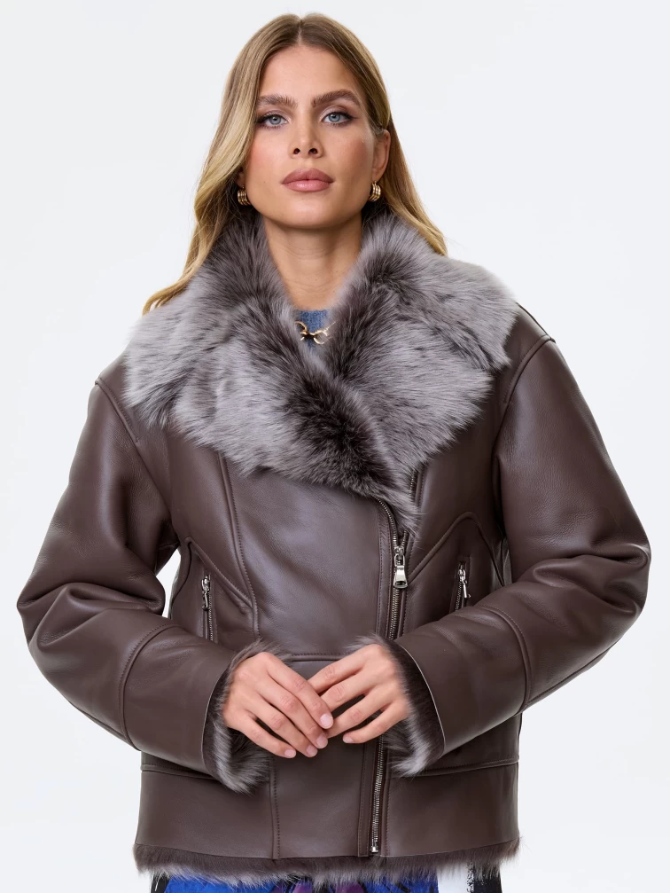 Короткое женское полупальто из натуральной овчины тоскана премиум класса 2049, коричневое, размер 44, артикул 64420-4