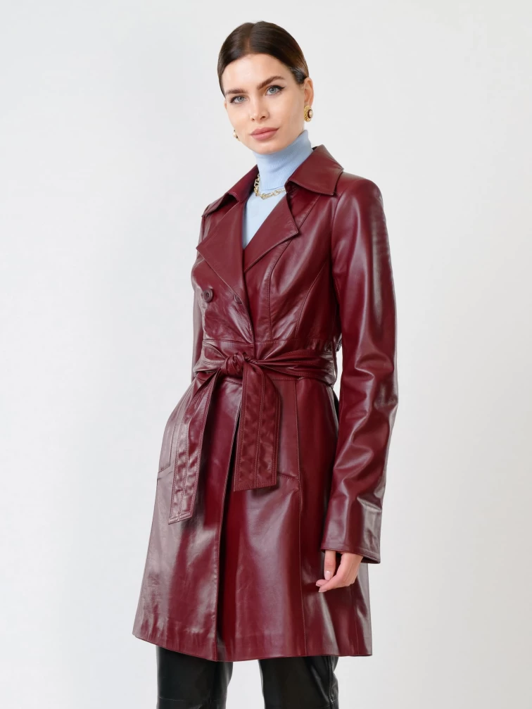 Кожаный двубортный женский плащ с поясом 338, бордовый, размер 42, артикул 15670-0