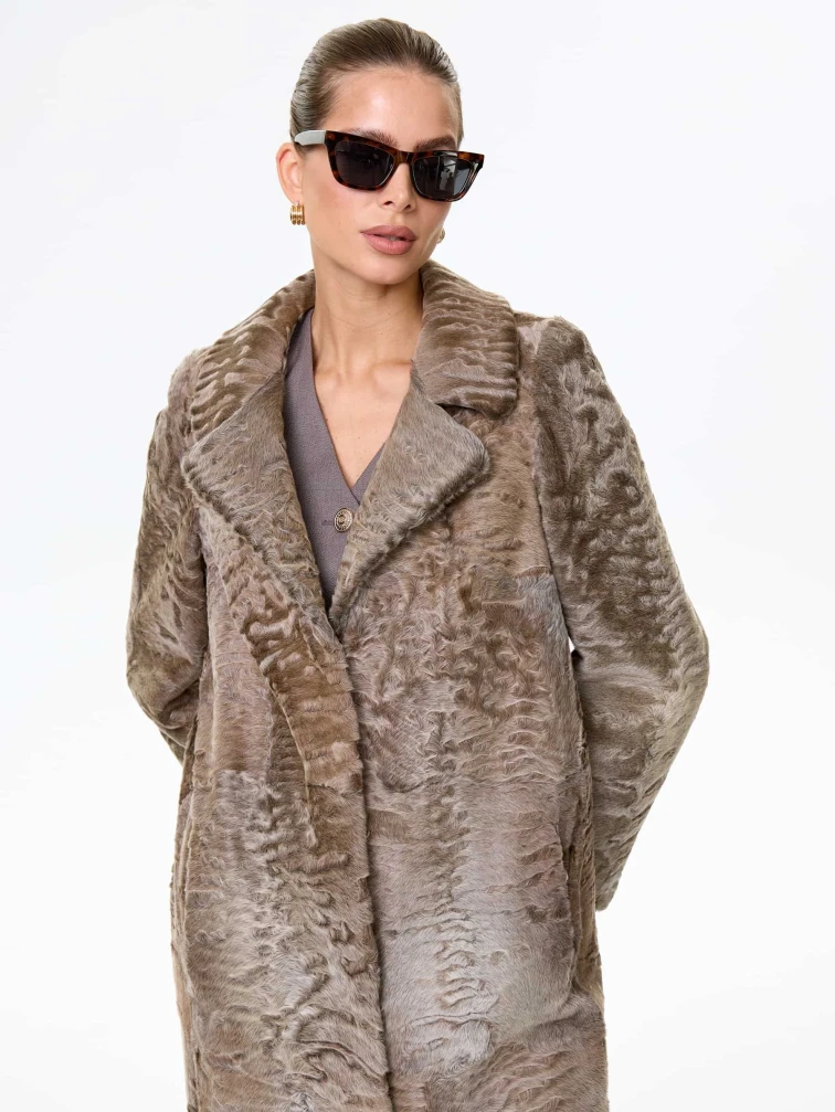 Длинная женская шуба из меха каракульчи премиум класса Лола(ав), светло-коричневая, размер 50, артикул 33990-0