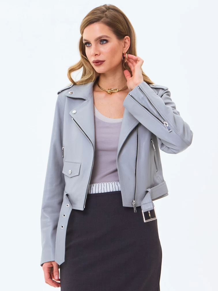 Женская кожаная куртка косуха с поясом премиум класса 3080, серая, размер 42, артикул 24530-4