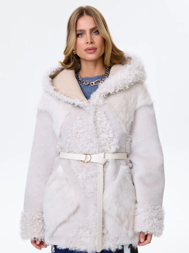 Женское полупальто из натуральной овчины с мехом тиградо премиум класса 2027, белое, размер 44, артикул 64410-0