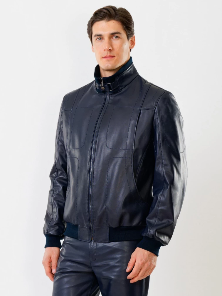 Кожаная куртка бомбер мужская премиум класса 521, синяя, размер 50, артикул 28641-6