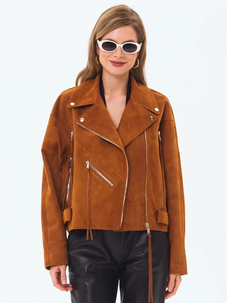 Замшевая короткая куртка косуха для женщин премиум класса 3051з, виски, размер 46, артикул 23410-2