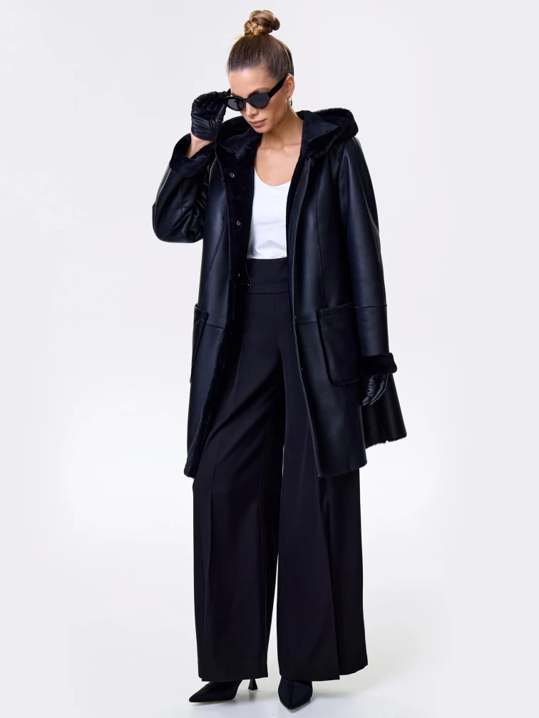 Женская классическая дубленка с капюшоном премиум класса 2004, черная, размер 56, артикул 62820-5