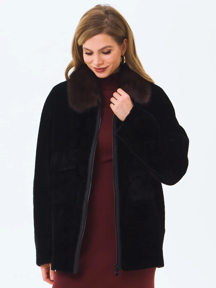 Шуба женская из астрагана  с воротником куницей 2063, черная, размер 46, артикул 64650-0