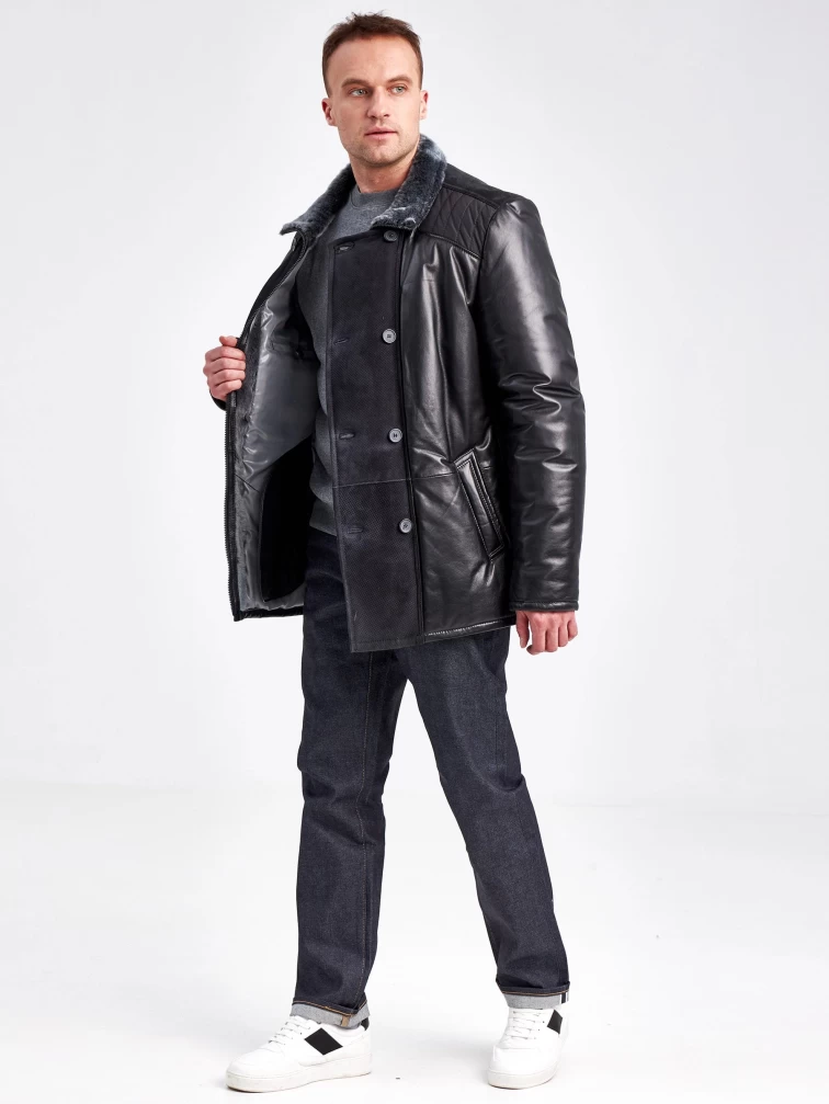 Комбинированная двубортная мужская дубленка 50018, черная, размер 58, артикул 71260-1