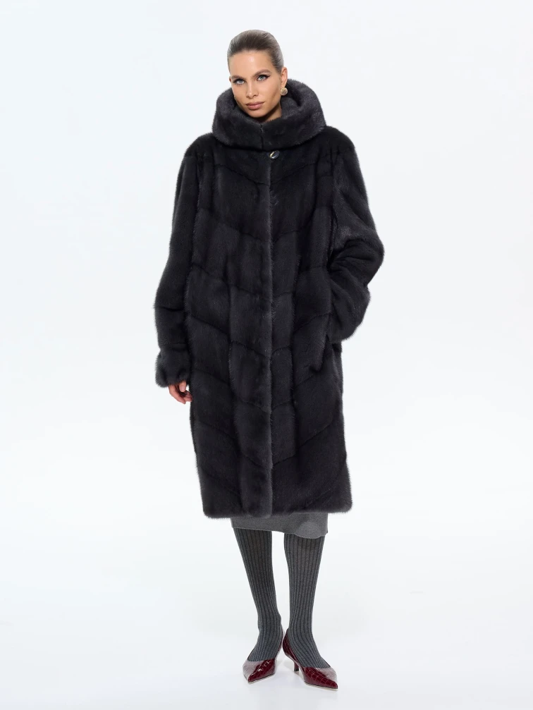 Длинная женская норковая шуба с капюшоном Москвичка-132, черная, размер 52, артикул 65390-4