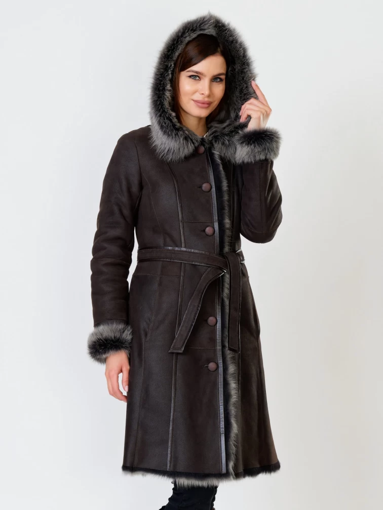 Длинная женская дубленка из тосканы с капюшоном 123нк, коричневая, размер 56, артикул 61901-1