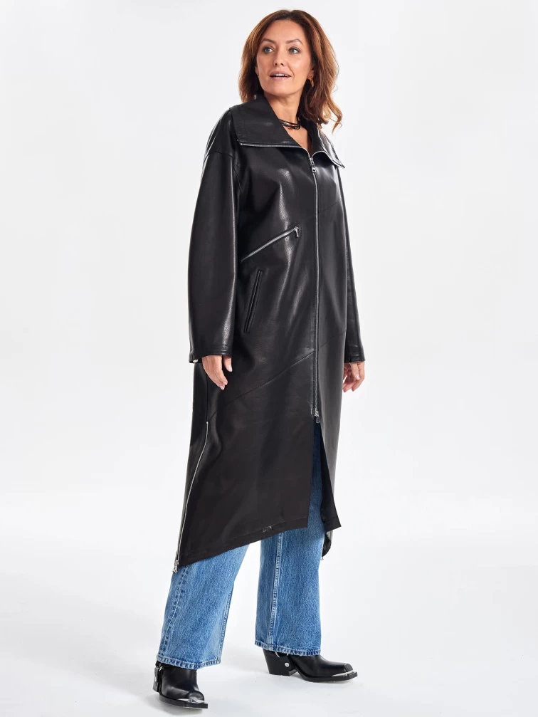 Женское кожаное пальто оверсайз на молнии премиум класса 3062, черное, размер 50, артикул 63360-3