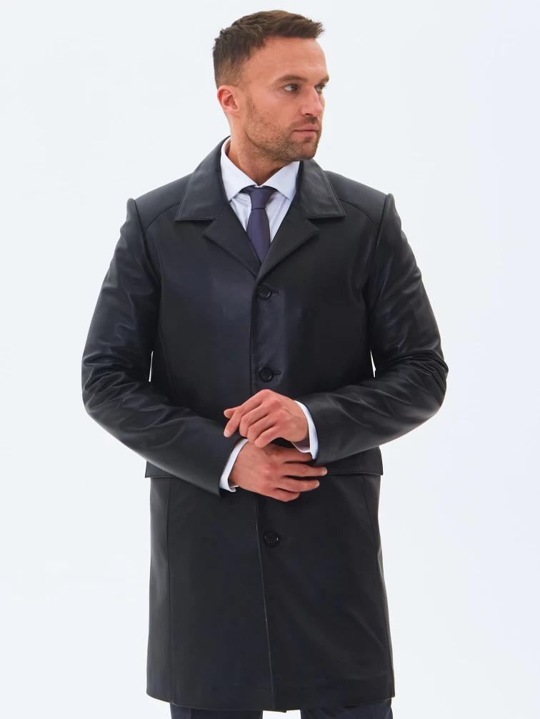 Удлиненный кожаный мужской пиджак премиум класса 539, черный, размер 48, артикул 29551-1