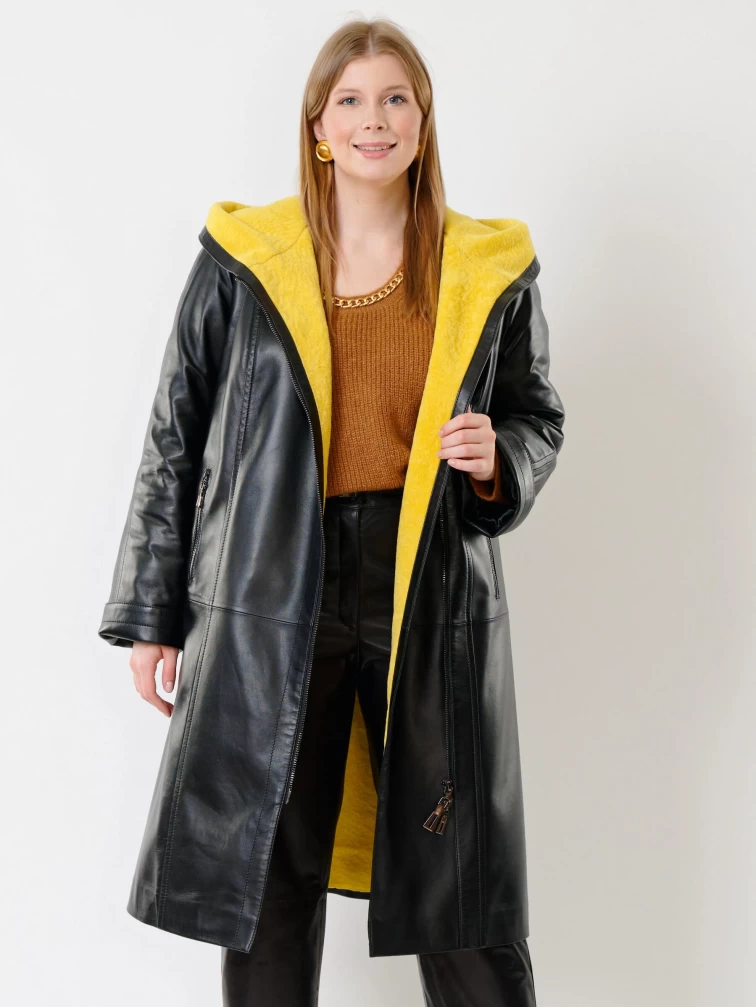 Кожаный утепленный женский плащ с капюшоном 3011, черный, размер 50, артикул 91490-0