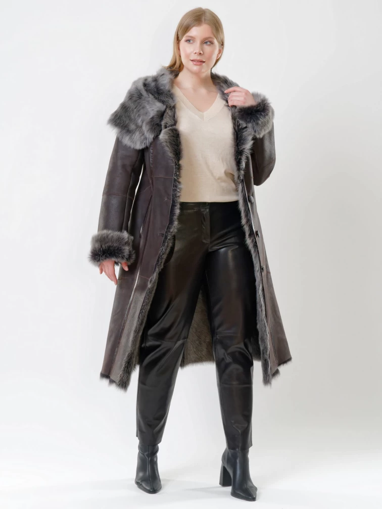 Зимний комплект женский: Дубленка 132 + Брюки 02, коричневый/черный, р. 44, арт. 111218-1