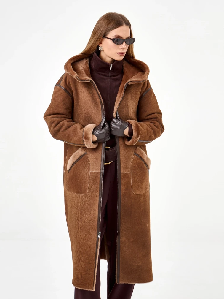 Длинная женская дубленка с капюшоном 2073, коричневая, размер 46, артикул 65240-7