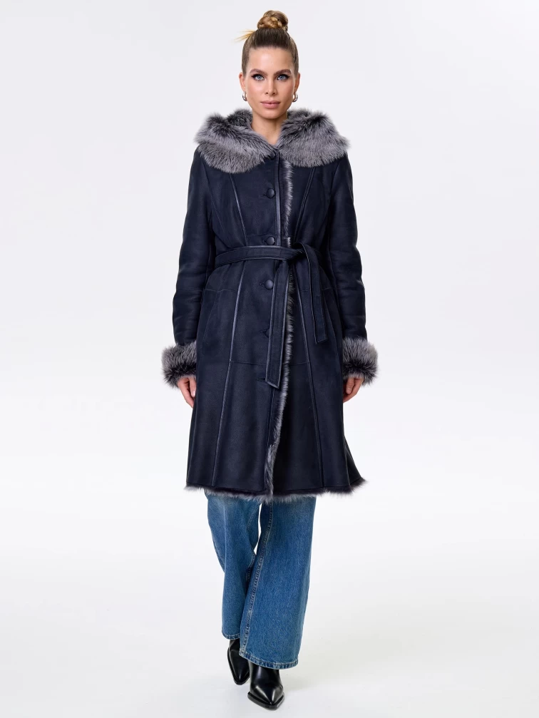 Длинная женская дубленка из тосканы с капюшоном 123нк, черная, размер 52, артикул 61893-0