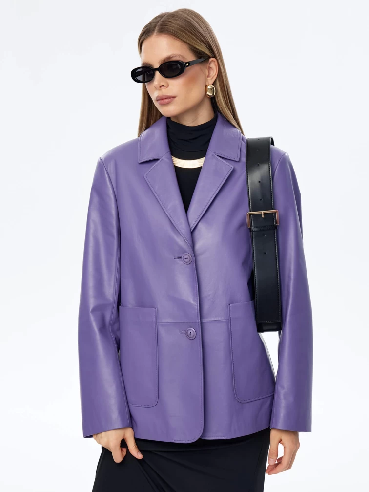Сиреневый кожаный женский пиджак премиум класса 3016, размер 48, артикул 91680-0