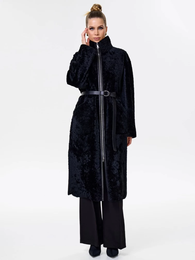 Длинное женское пальто из натуральной овчины астрагана премиум класса 2060, черное, размер 46, артикул 64320-4