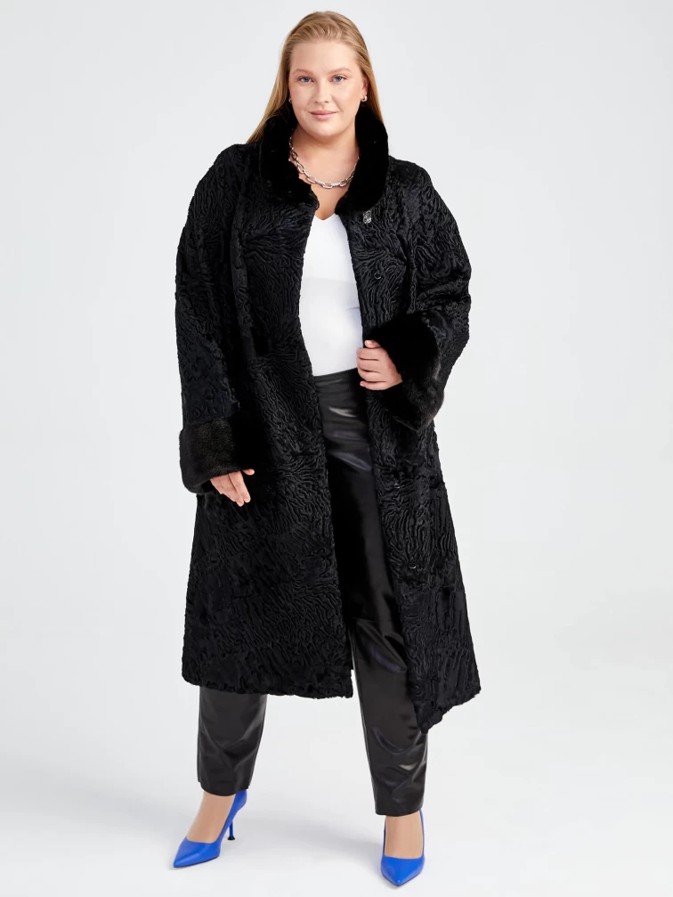 Женская шуба из меха каракуля с мехом норки Надежда(сн) _1, черная, размер 60, артикул 22830-6