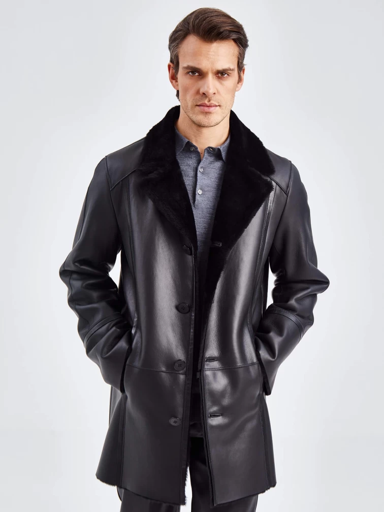 Дубленка классическая мужская премиум класса Леон(пр), черная, размер 50, артикул 71390-1