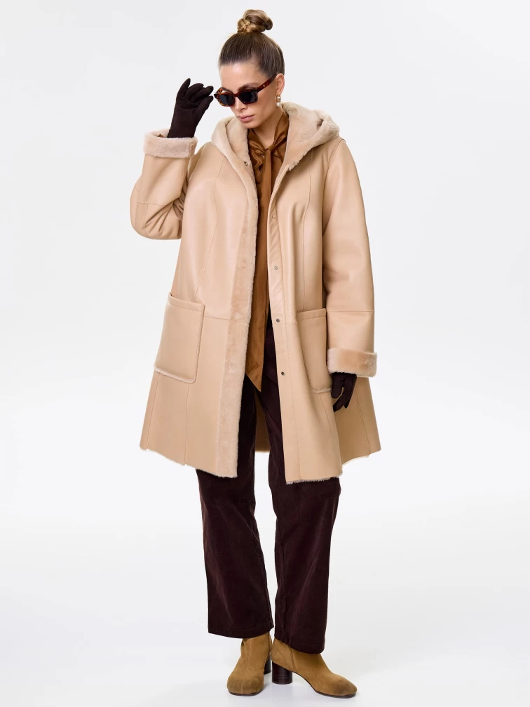 Женская классическая дубленка с капюшоном премиум класса 2004, бежевая, размер 54, артикул 62840-1
