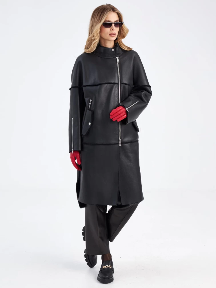 Молодежная женская дубленка на молнии премиум класса 2029, черная, размер 52, артикул 63000-3