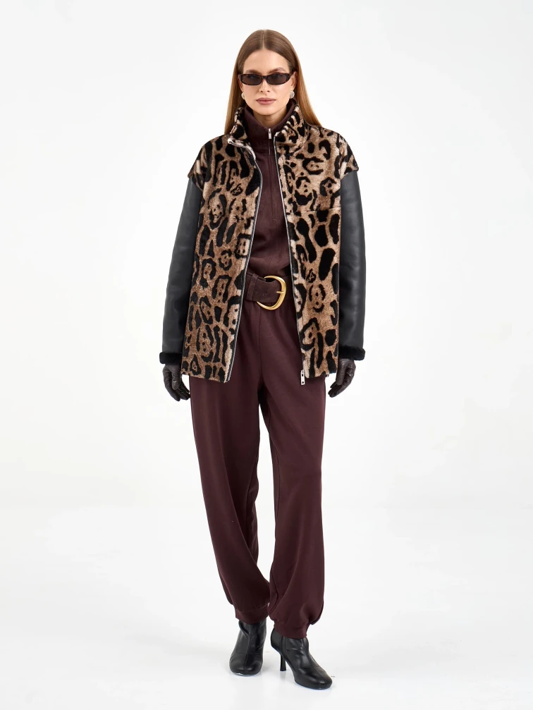 Короткая комбинированная женская дубленка 2076, коричневая, размер 46, артикул 65100-0