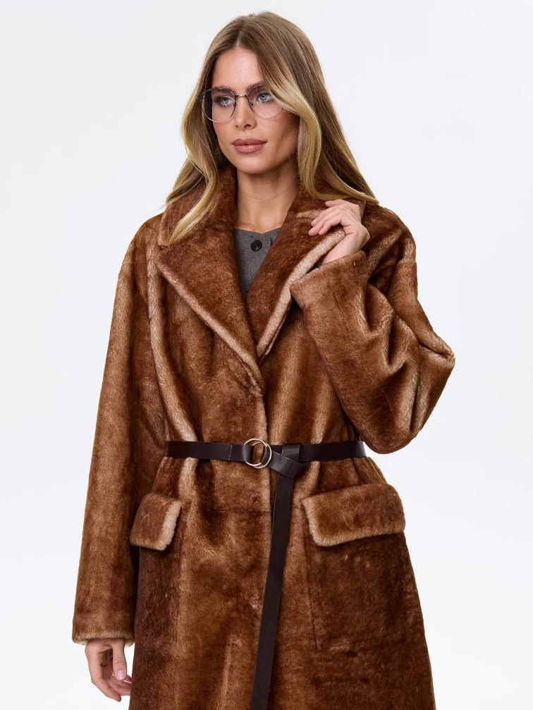 Длинная женская дубленка из астрагана премиум класса 2053, коричневая, размер 48, артикул 64150-5