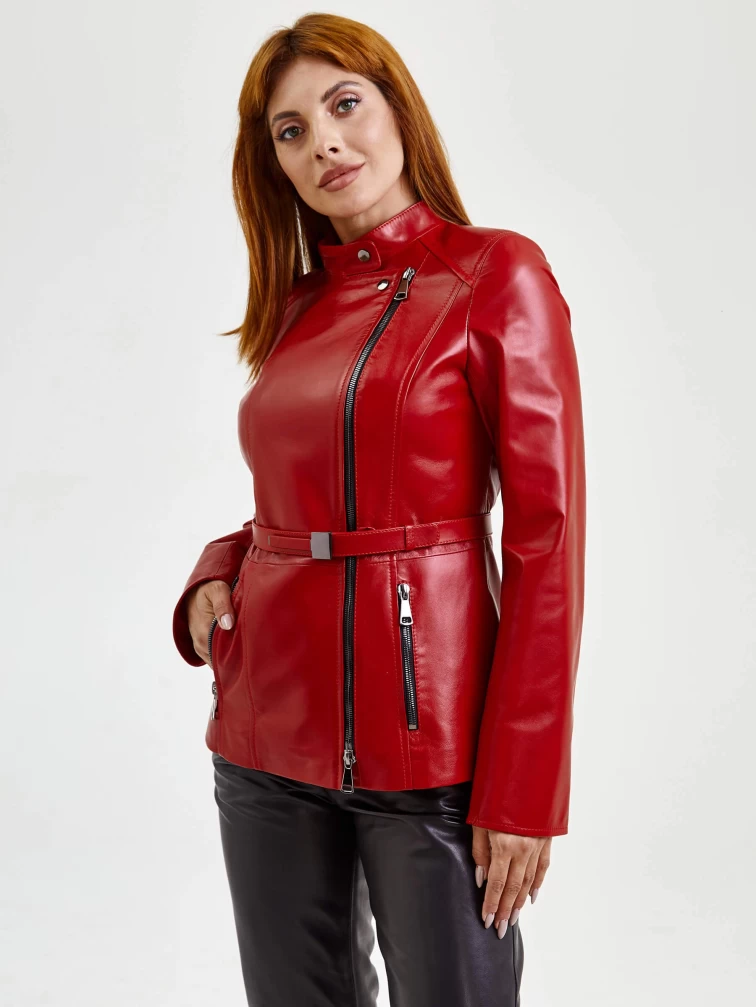 Женская кожаная куртка косуха с поясом 320(нв), красная, размер 46, артикул 90620-2