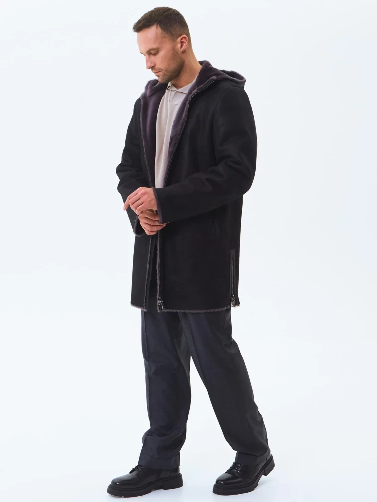 Длинная мужская дубленка из натуральной овчины премиум класса 438, черная, размер 52, артикул 41190-5