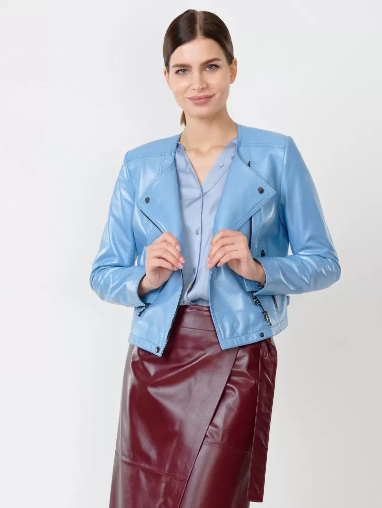 Кожаная женская куртка косуха 389, голубая, размер 44, артикул 91510-0