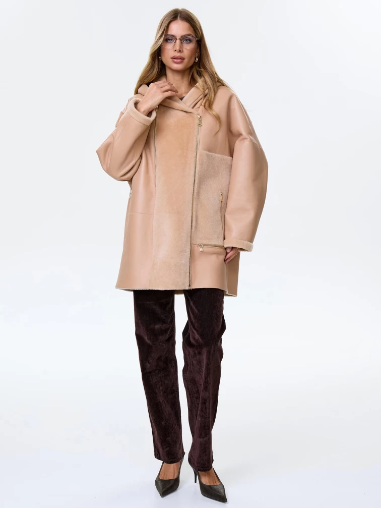 Молодежное полупальто из натуральной овчины для женщин с капюшоном премиум класса 2056, бежевое, размер 48, артикул 64350-0