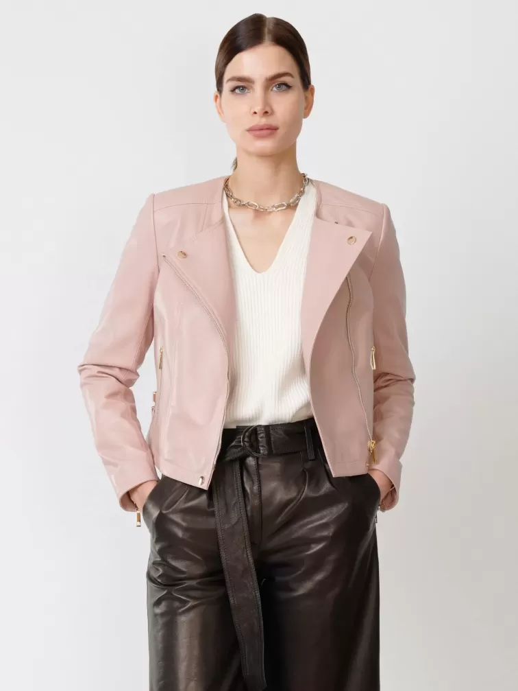Кожаная женская куртка косуха 389, пудровая, размер 42, артикул 90910-0