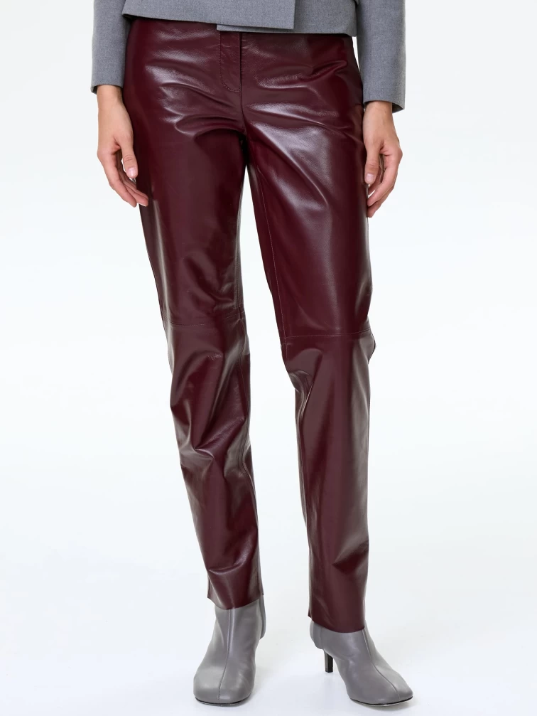 Кожаные зауженные женские брюки 02, бордовые, размер 42, артикул 85490-1