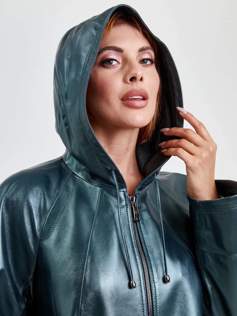 Кожаная женская куртка оверсайз с капюшоном 383, зеленая, размер 48, артикул 91780-3