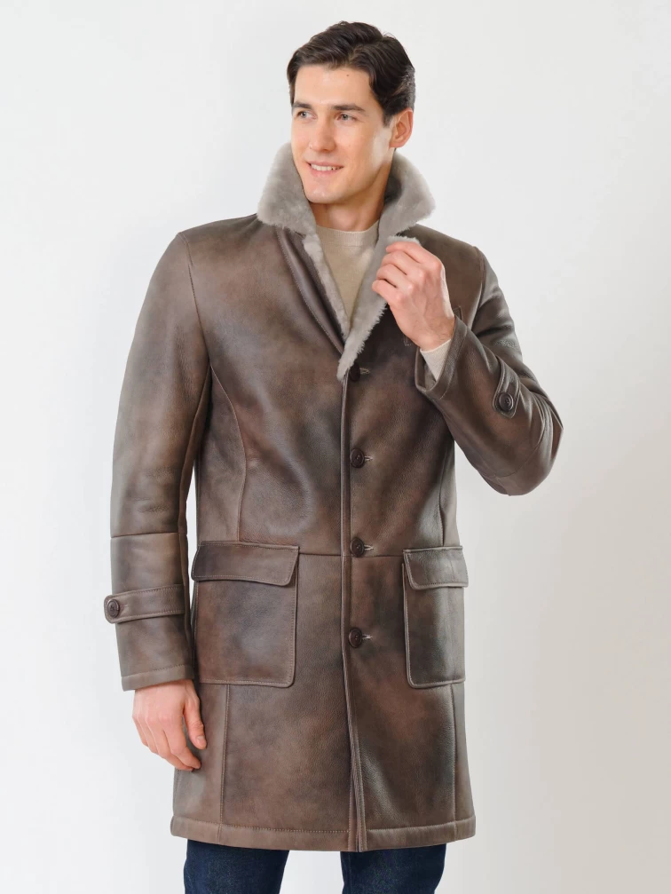 Длинная классическая мужская дубленка 419, серо-коричневая, размер 48, артикул 70470-6