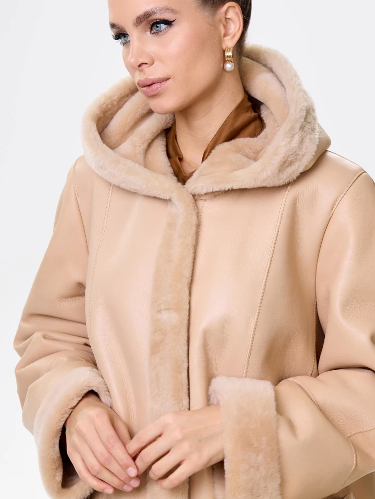 Женская классическая дубленка с капюшоном премиум класса 2004, бежевая, размер 54, артикул 62840-5