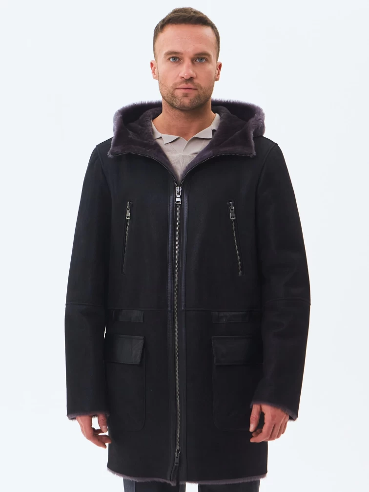 Длинная мужская дубленка с капюшоном премиум класса 429, черная, размер 52, артикул 71460-2