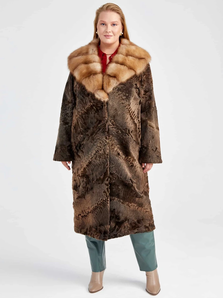 Шуба женская из меха каракуля с мехом куницы Екатерина(вк), коричневая сур, размер 54, артикул  22740-4