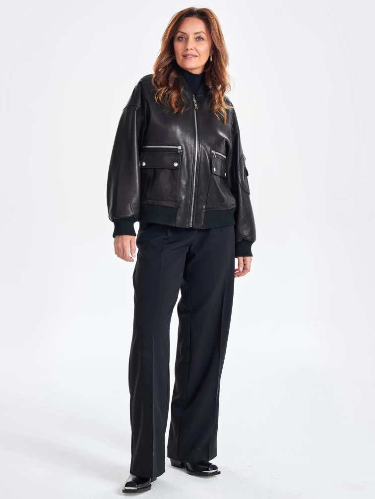 Короткая женская кожаная куртка бомбер премиум класса 3064, черная, размер 44, артикул 23770-4